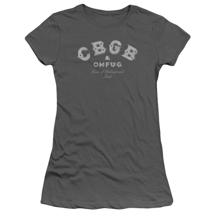 CBGB Tattered Logo Junior Sheer Cap Sleeve Womens T Shirt Charcoal