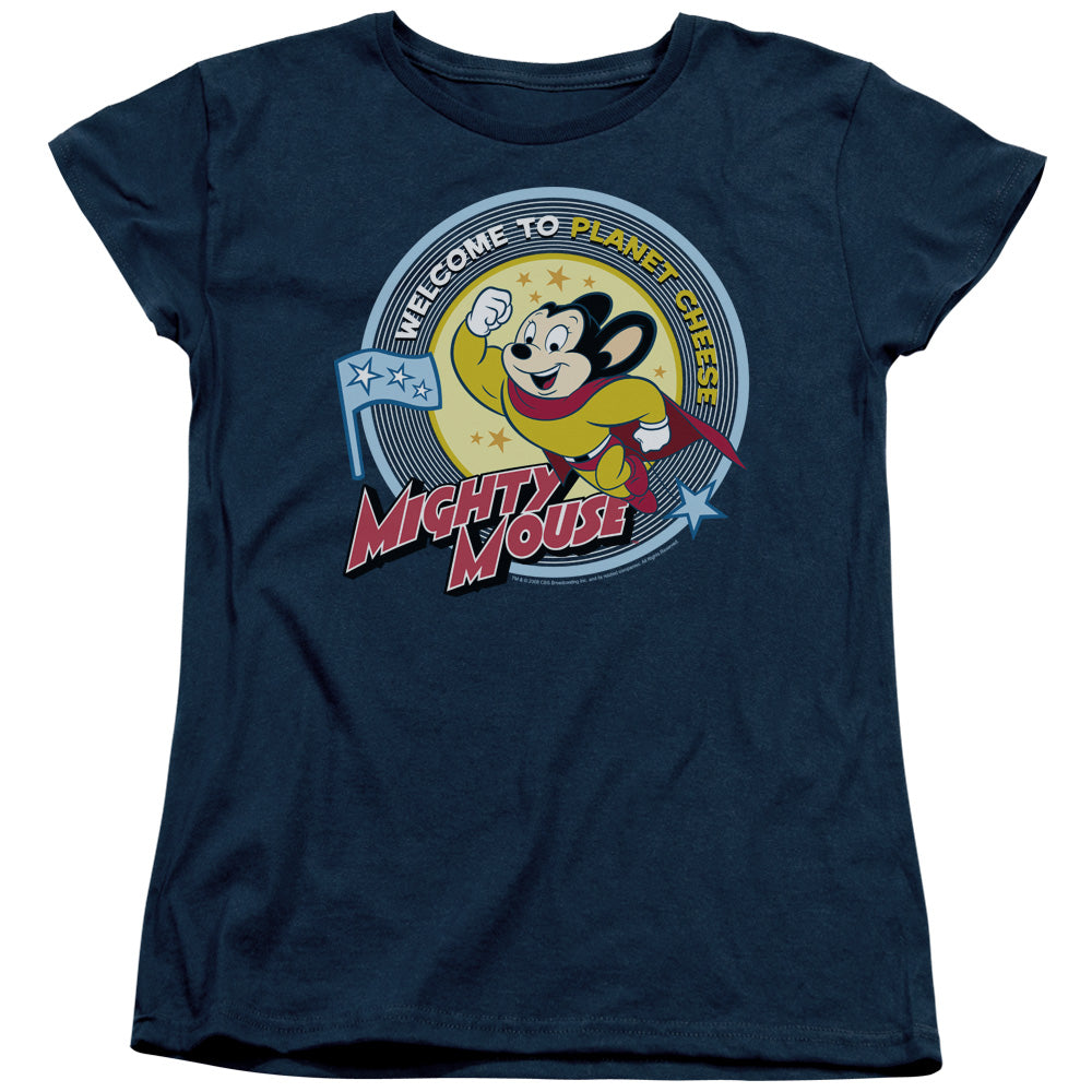 Mighty Mouse Planet Cheese Womens T Shirt Navy Blue
