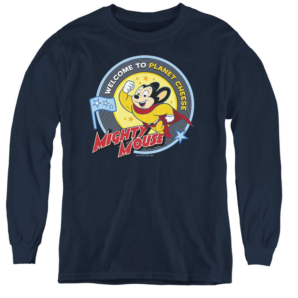 Mighty Mouse Planet Cheese Long Sleeve Kids Youth T Shirt Navy Blue