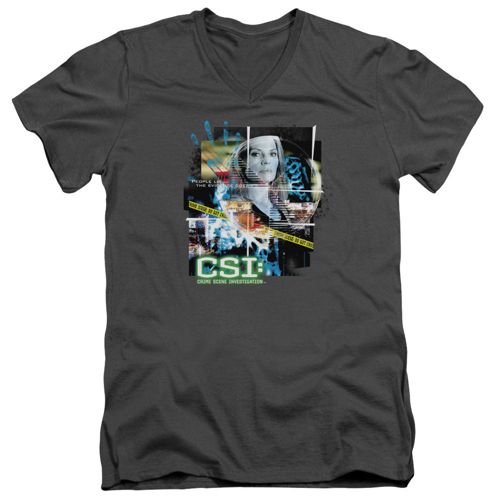 Csi Evidence Collage Mens Slim Fit V-Neck T Shirt Charcoal Officially Licensed