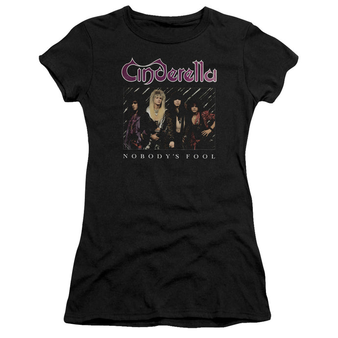 Cinderella Nobody's Fool Junior Sheer Cap Sleeve Premium Bella Canvas Womens T Shirt Black