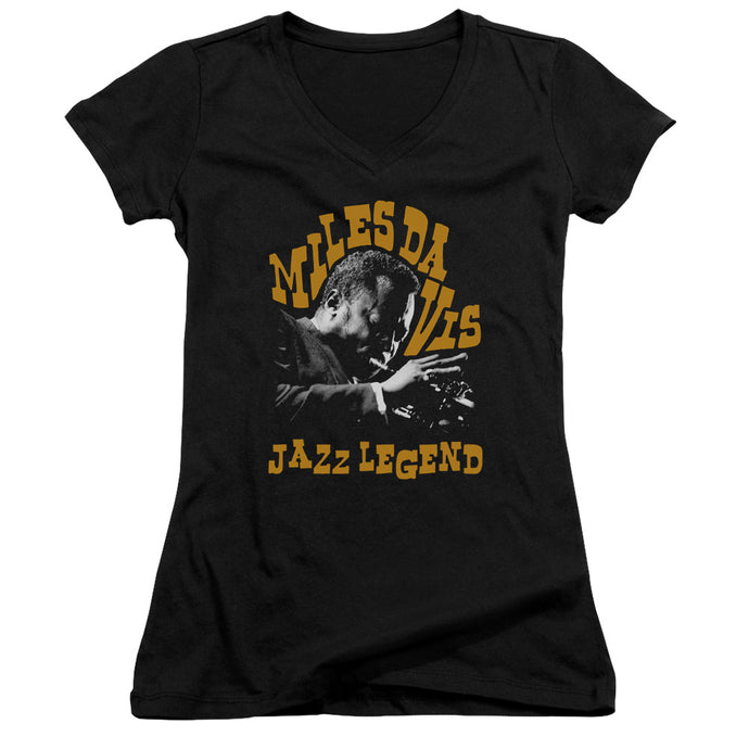 Miles Davis Jazz Legend Junior Sheer Cap Sleeve V-Neck Womens T Shirt Black