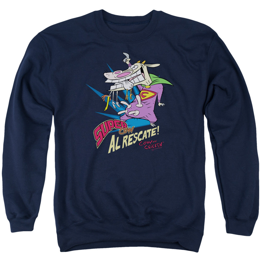 Cow & Chicken Super Cow Mens Crewneck Sweatshirt Navy Blue