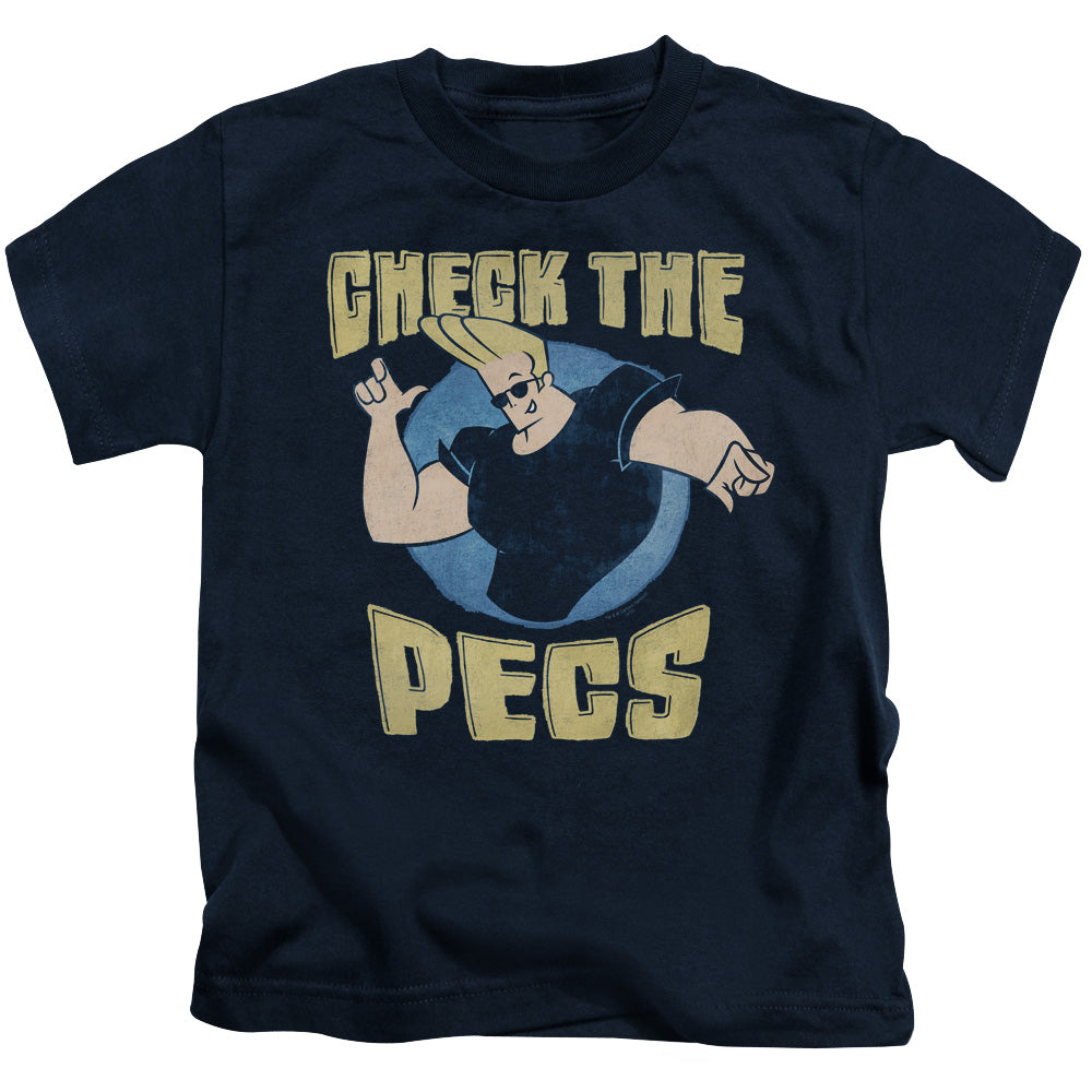 Johnny Bravo Check the Pects Juvenile Kids Youth T Shirt Navy Blue