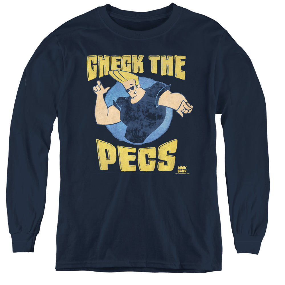 Johnny Bravo Check the Pects Long Sleeve Kids Youth T Shirt Navy Blue