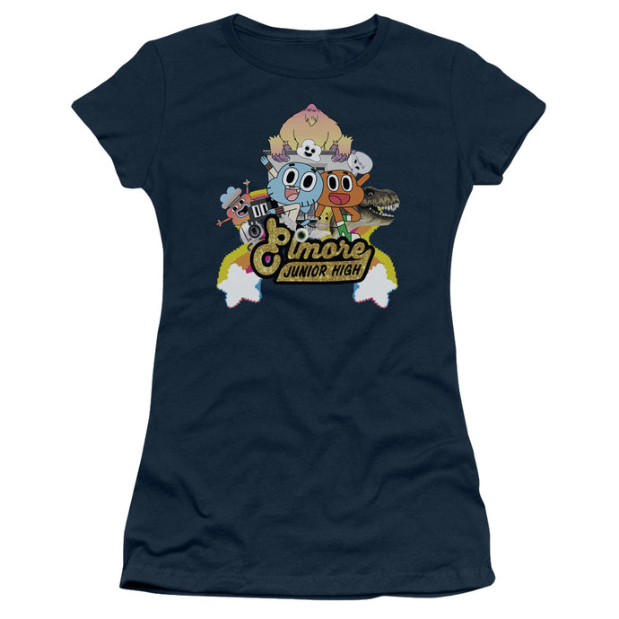 Amazing World of Gumball Elmore Junior High Junior Sheer Cap Sleeve Womens T Shirt Navy Blue