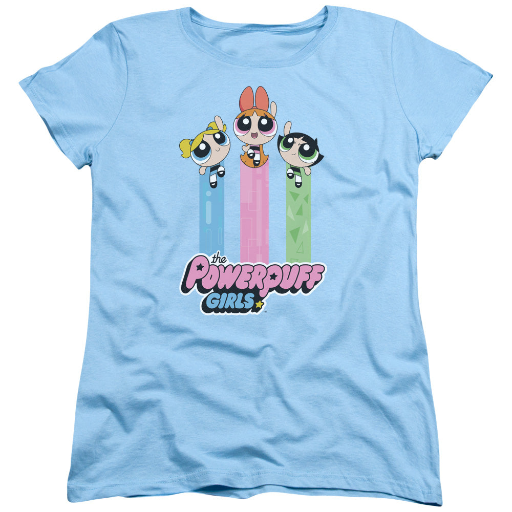 Powerpuff Girls the Girls Fly Womens T Shirt Light Blue