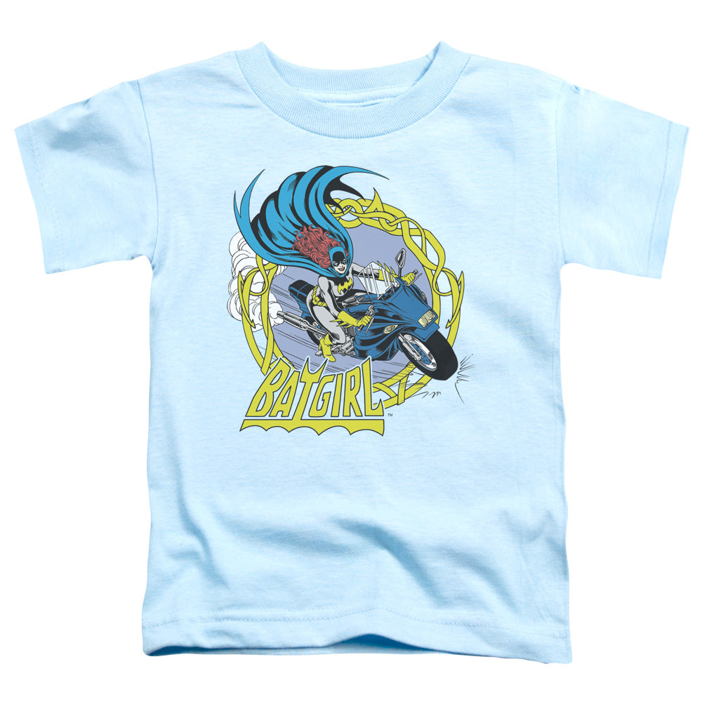 DC Comics Batgirl Motorcycle Toddler Kids Youth T Shirt Light Blue