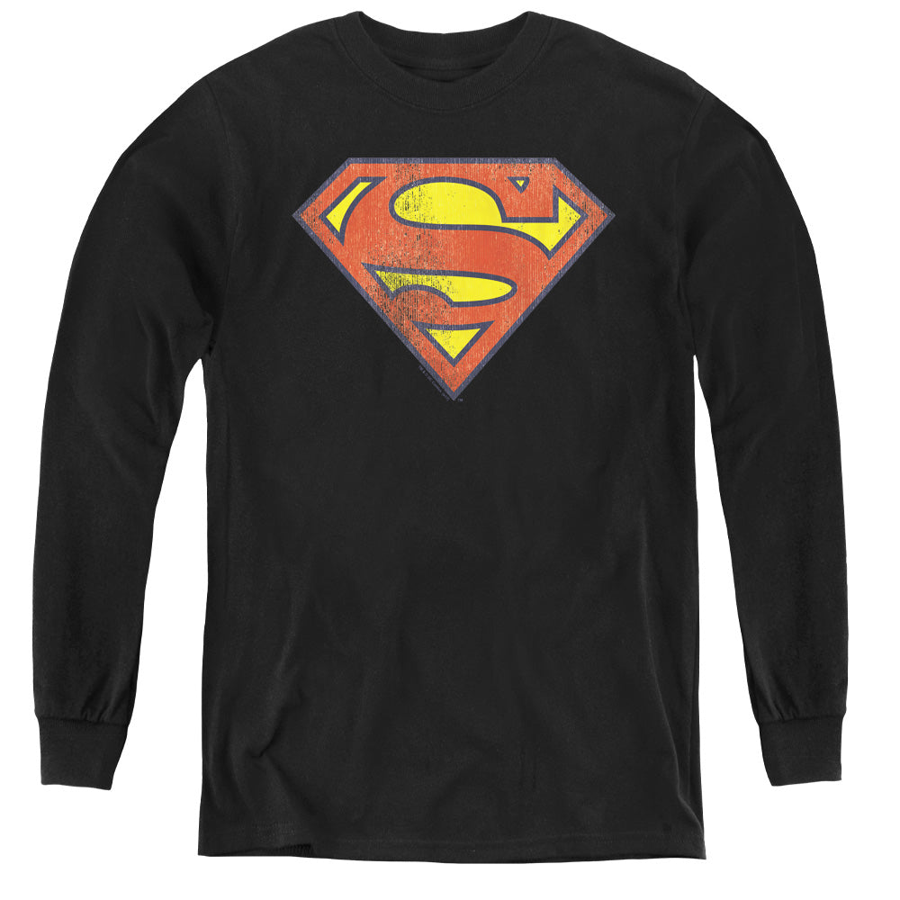 DC Comics Retro Supes Logo Distressed Long Sleeve Kids Youth T Shirt Black