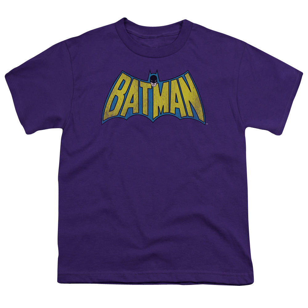 DC Comics Classic Batman Logo Distressed Kids Youth T Shirt Purple