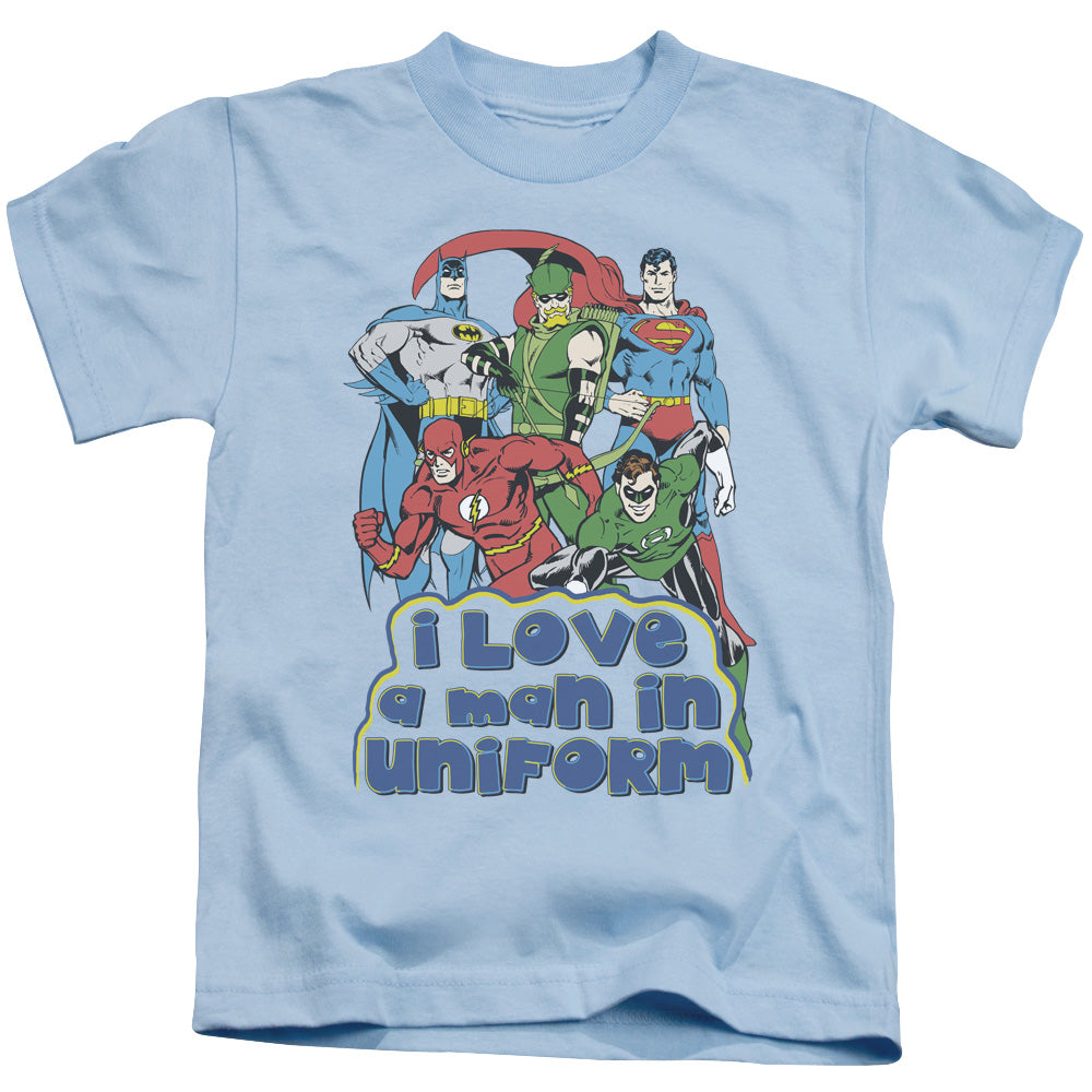 DC Comics I Love a Man in Uniform Juvenile Kids Youth T Shirt Light Blue