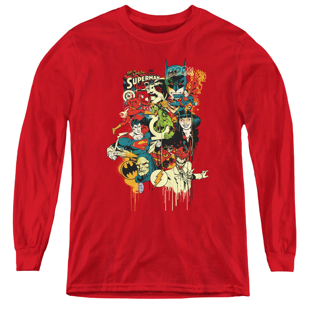 DC Comics Dripping Characters Long Sleeve Kids Youth T Shirt Red