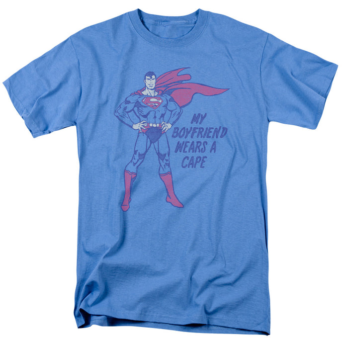 DC Comics Wears a Cape Mens T Shirt Carolina Blue