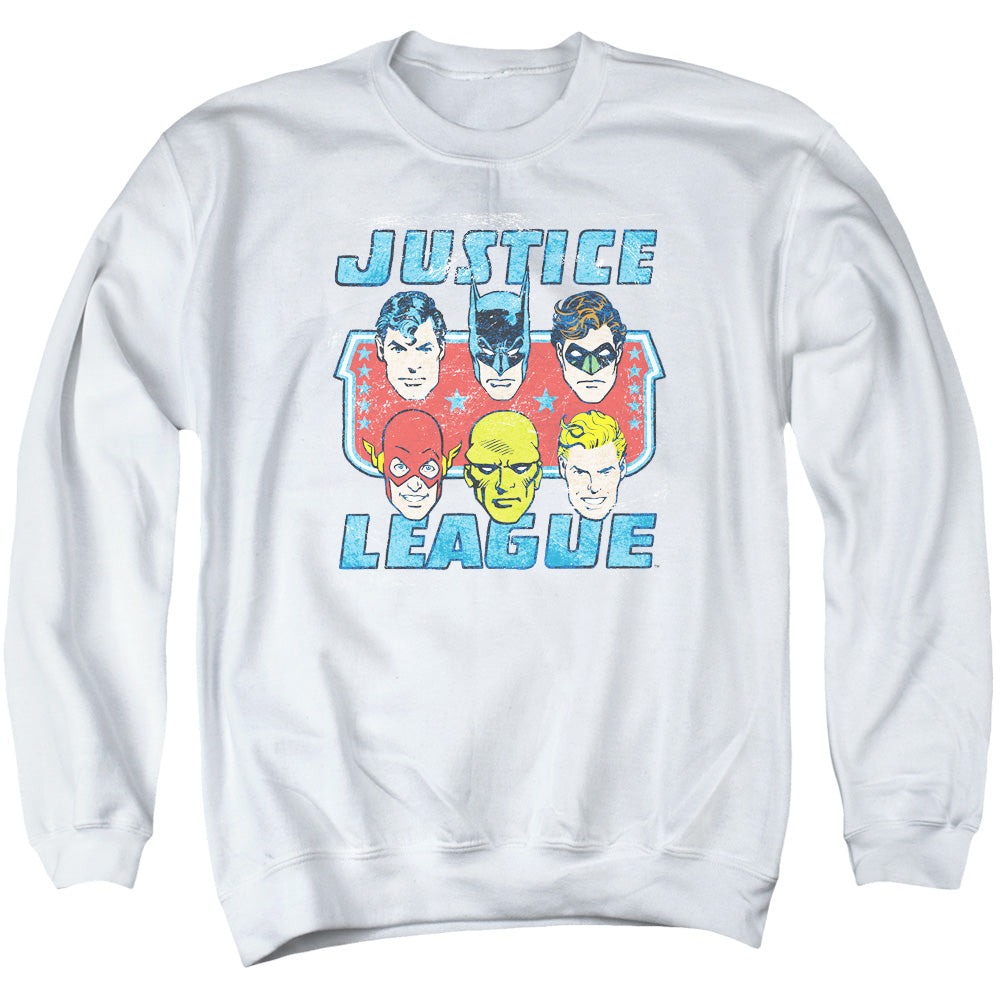 DC Comics Faces of Justice Mens Crewneck Sweatshirt White