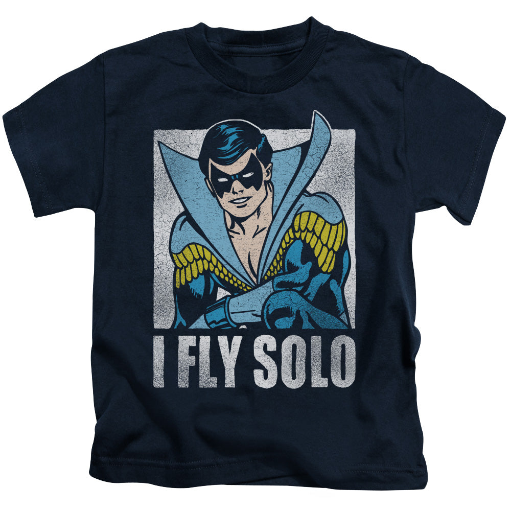DC Comics Fly Solo Juvenile Kids Youth T Shirt Navy Blue