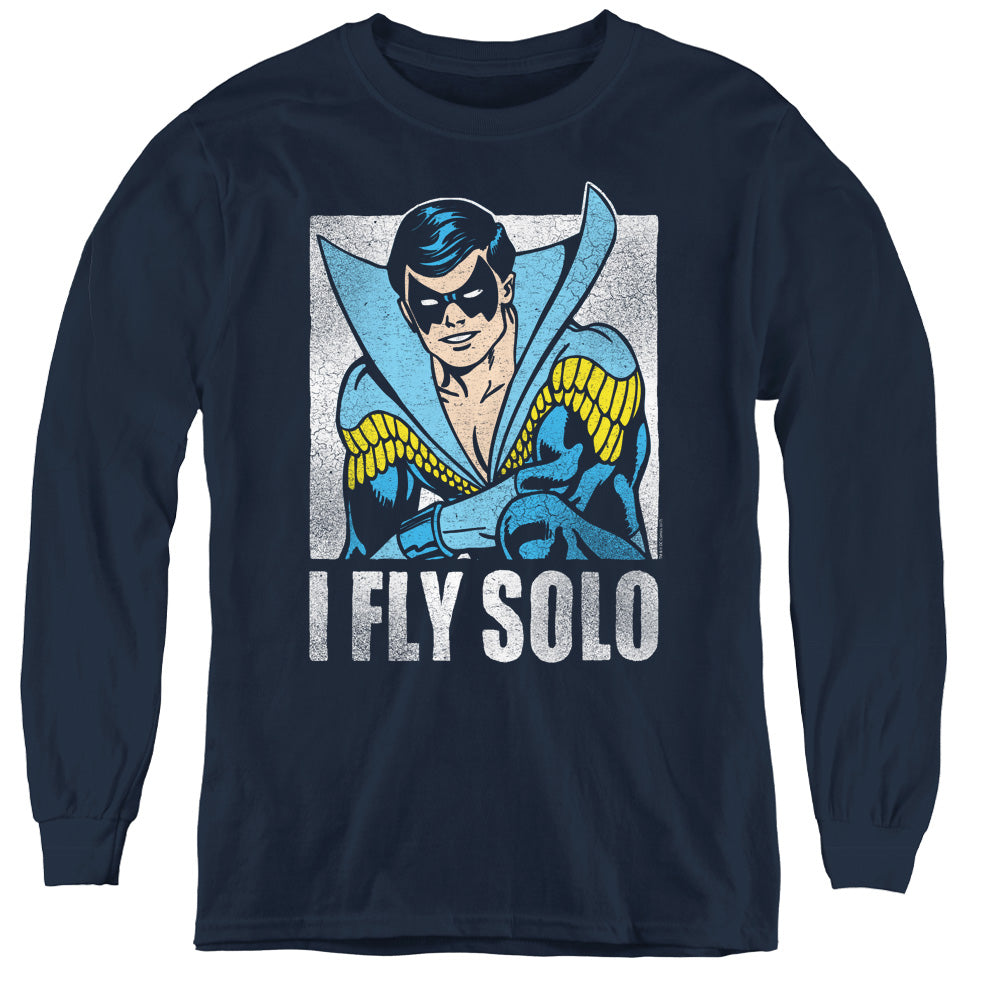 DC Comics Fly Solo Long Sleeve Kids Youth T Shirt Navy Blue