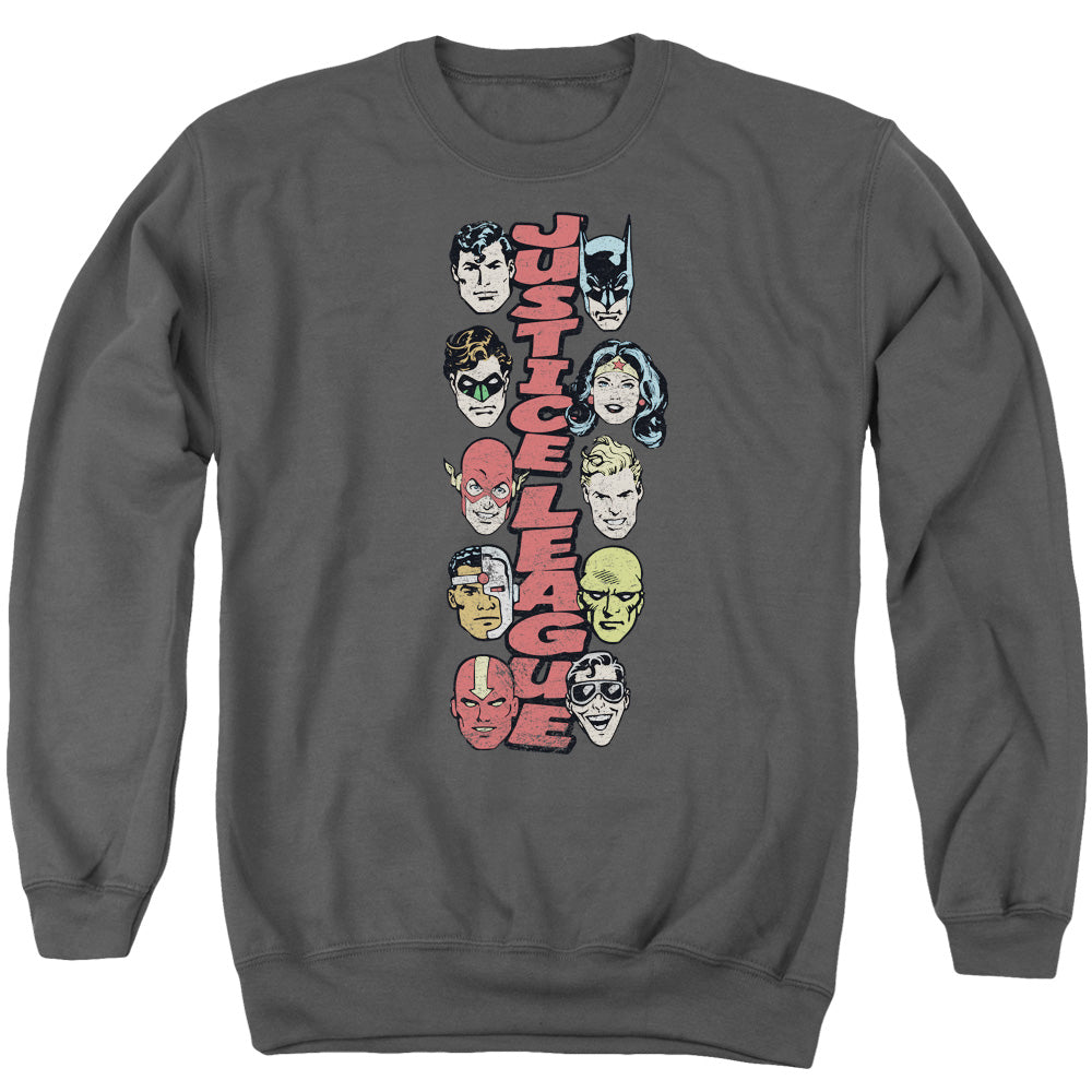 DC Comics Stacked Justice Mens Crewneck Sweatshirt Charcoal