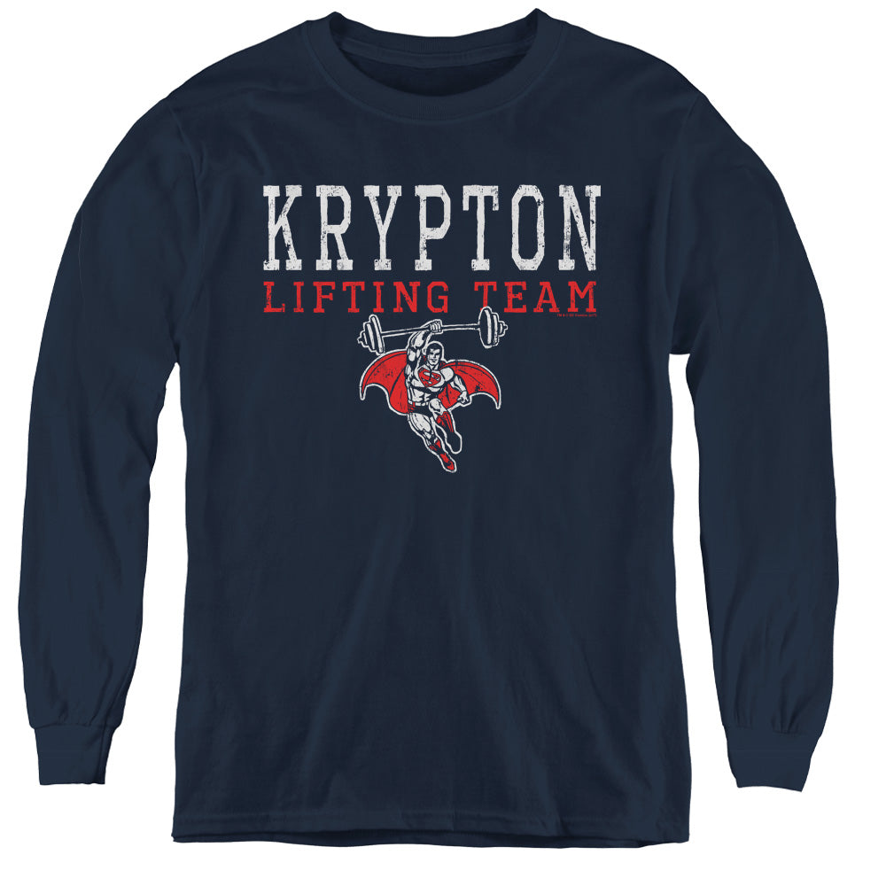DC Comics Krpton Lifting Long Sleeve Kids Youth T Shirt Navy Blue