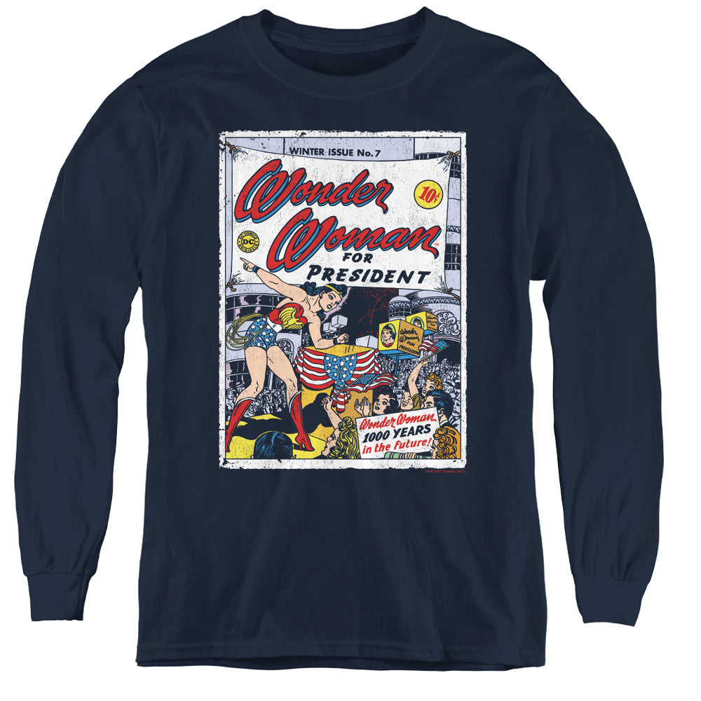 DC Comics Ww for President Long Sleeve Kids Youth T Shirt Navy Blue