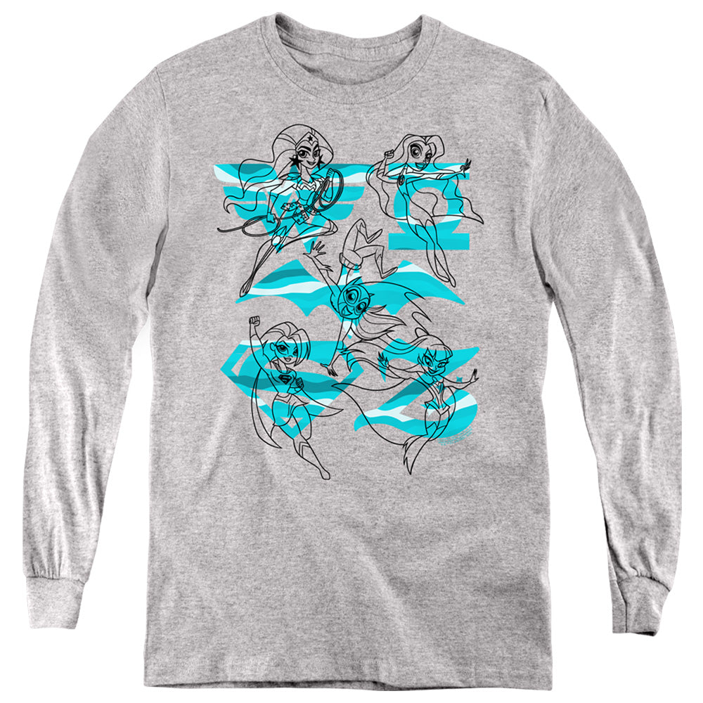 Dc Superhero Girls Line Art Group Long Sleeve Kids Youth T Shirt Athletic Heather