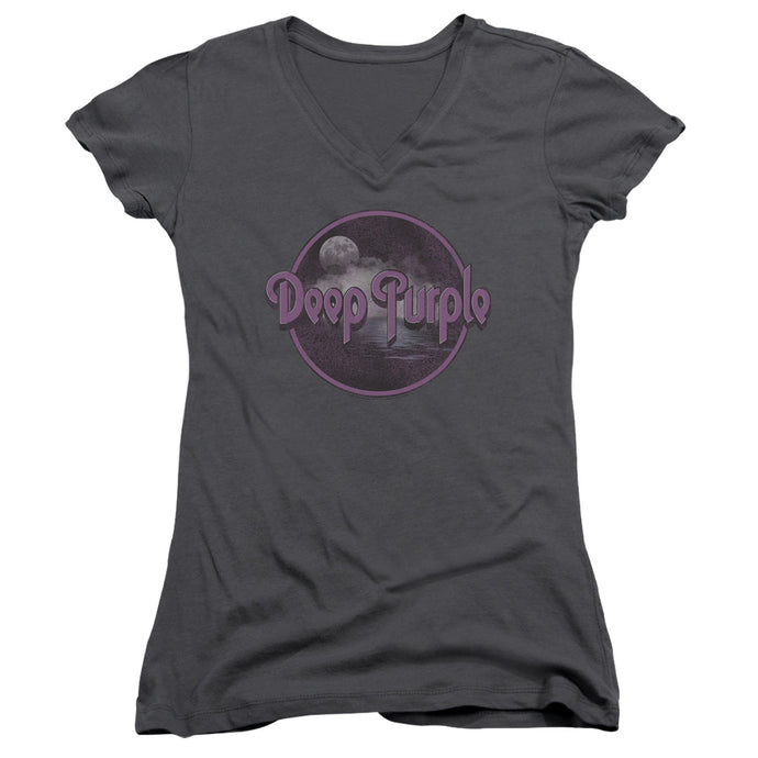 Deep Purple Smoke On The Water Junior Sheer Cap Sleeve V-Neck Womens T Shirt Charcoal