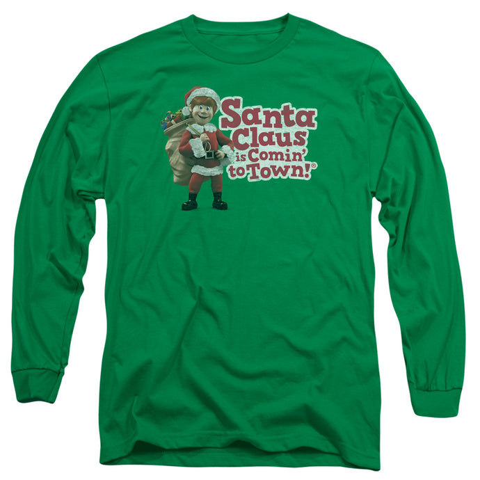 Santa Claus is Comin to Town Santa Logo Mens Long Sleeve Shirt Kelly Green