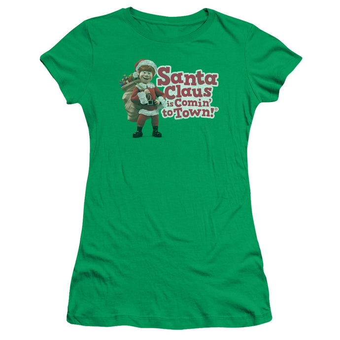 Santa Claus is Comin to Town Santa Logo Junior Sheer Cap Sleeve Womens T Shirt Kelly Green
