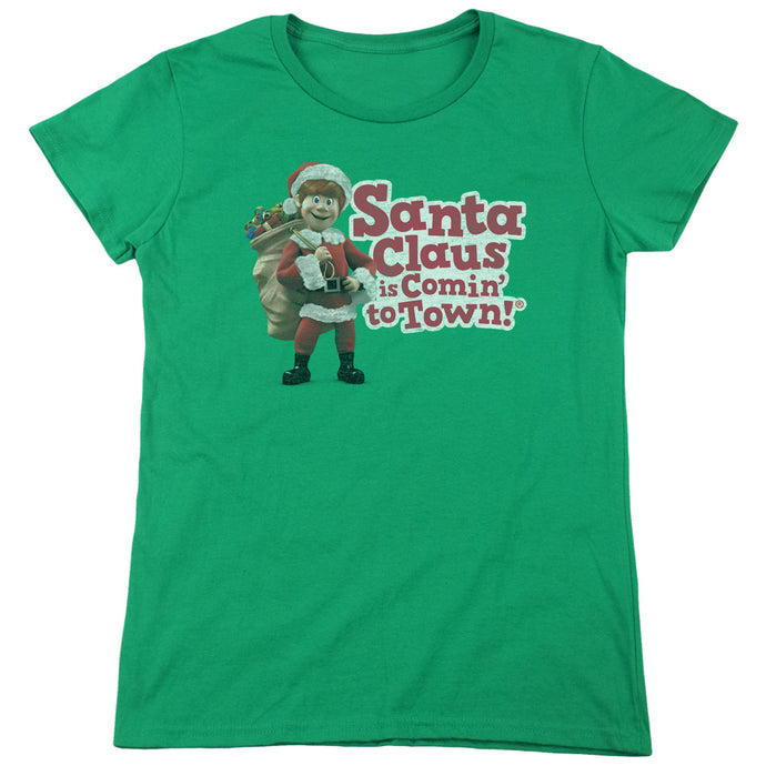Santa Claus is Comin to Town Santa Logo Womens T Shirt Kelly Green