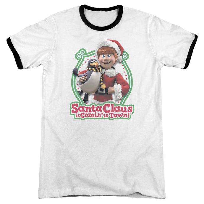 Santa Claus is Comin to Town Penguin Heather Ringer Mens T Shirt White