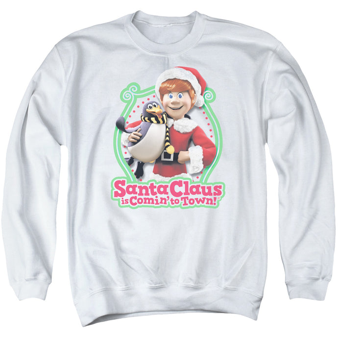 Santa Claus is Comin to Town Penguin Mens Crewneck Sweatshirt White