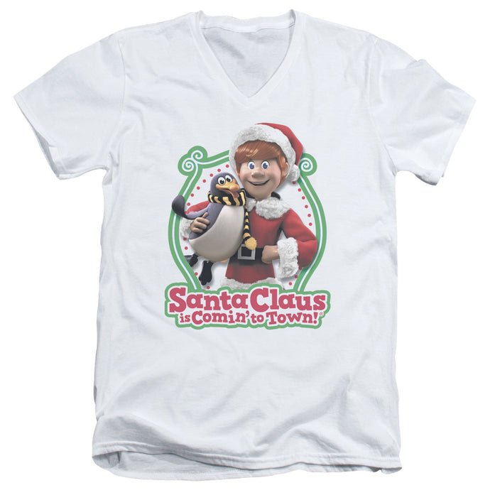 Santa Claus is Comin to Town Penguin Mens Slim Fit V-Neck T Shirt White