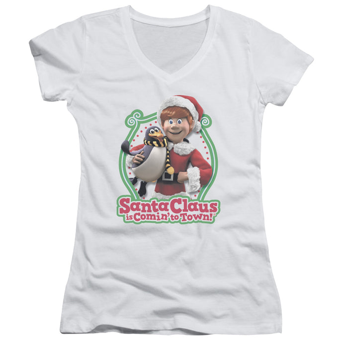 Santa Claus is Comin to Town Penguin Junior Sheer Cap Sleeve V-Neck Womens T Shirt White