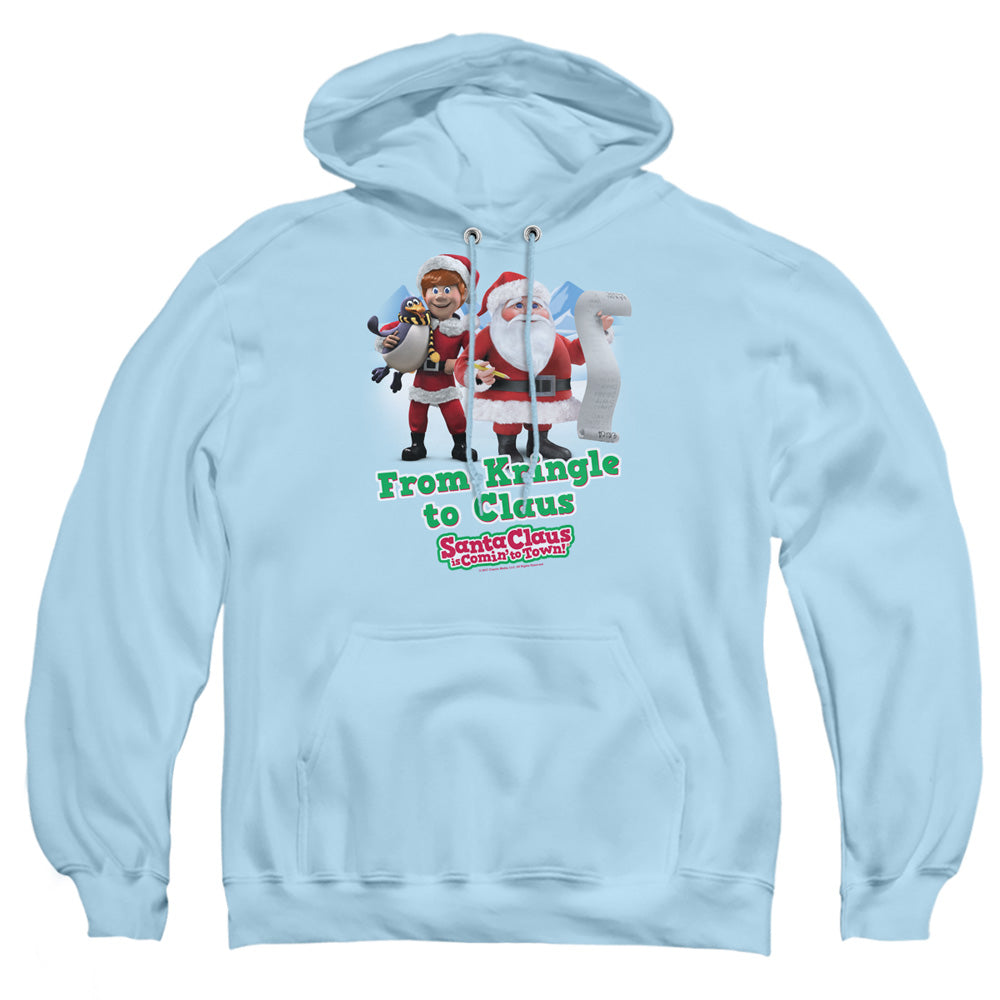 Santa Claus Is Comin To Town Kringle To Claus Mens Hoodie Light Blue Officially Licensed
