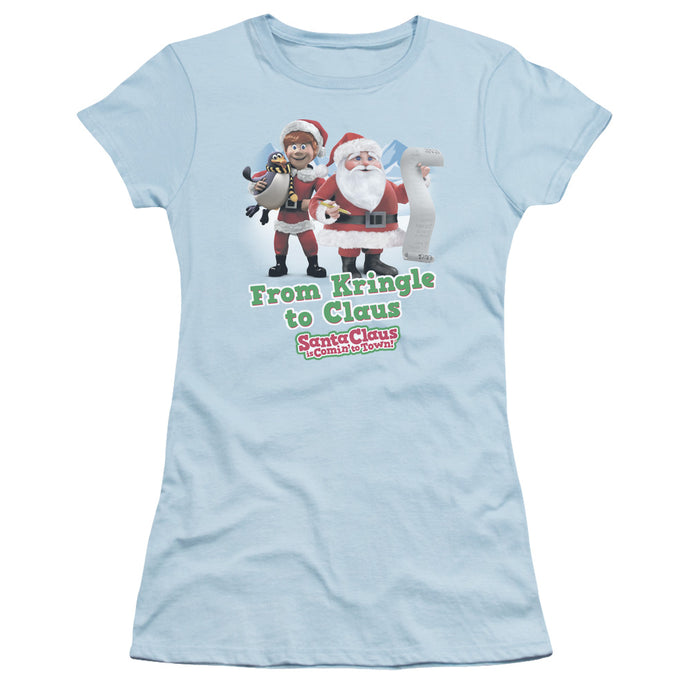 Santa Claus is Comin to Town Kringle to Claus Junior Sheer Cap Sleeve Womens T Shirt Light Blue