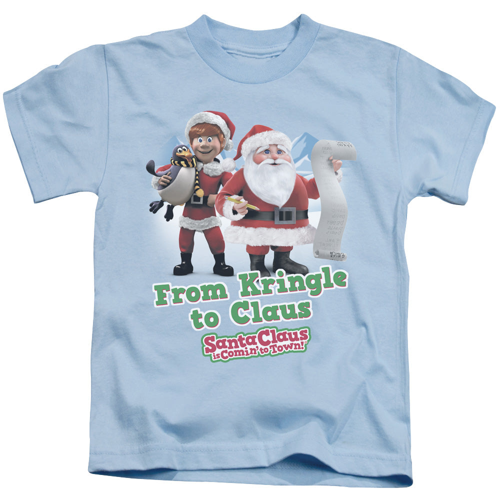 Santa Claus is Comin to Town Kringle to Claus Juvenile Kids Youth T Shirt Light Blue