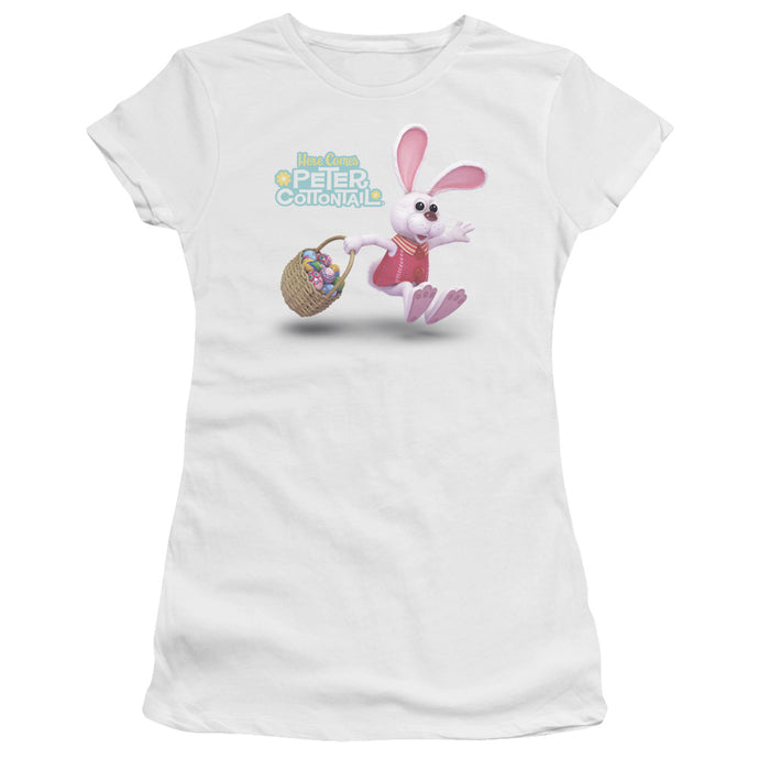 Here Comes Peter Cottontail Hop Around Junior Sheer Cap Sleeve Womens T Shirt White
