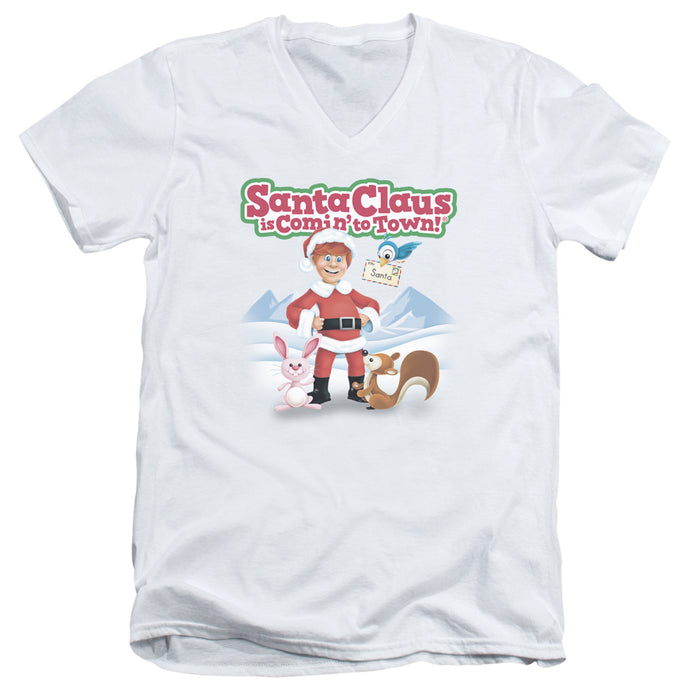 Santa Claus is Comin to Town Animal Friends Mens Slim Fit V-Neck T Shirt White