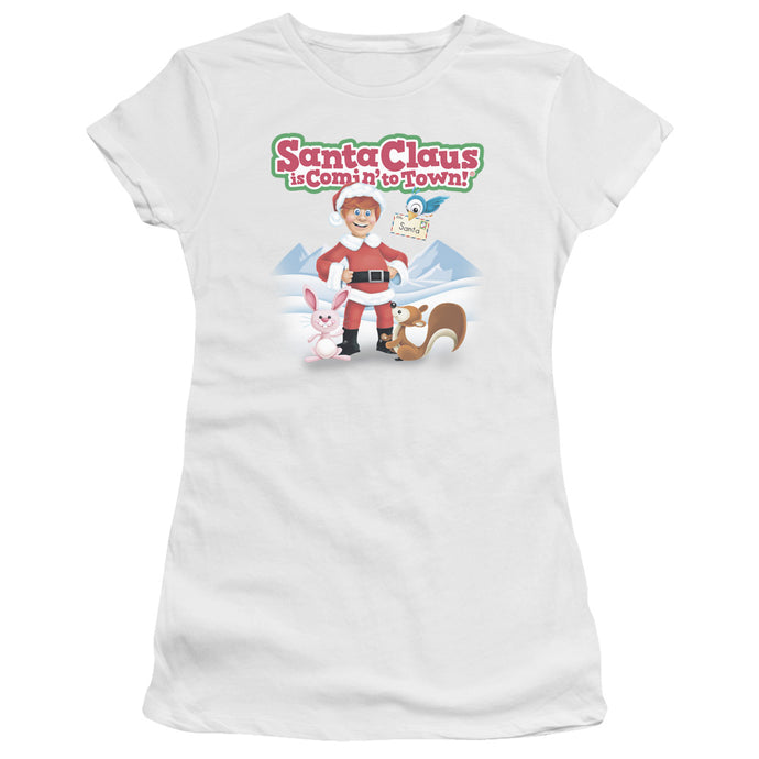 Santa Claus is Comin to Town Animal Friends Junior Sheer Cap Sleeve Womens T Shirt White