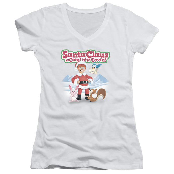 Santa Claus is Comin to Town Animal Friends Junior Sheer Cap Sleeve V-Neck Womens T Shirt White