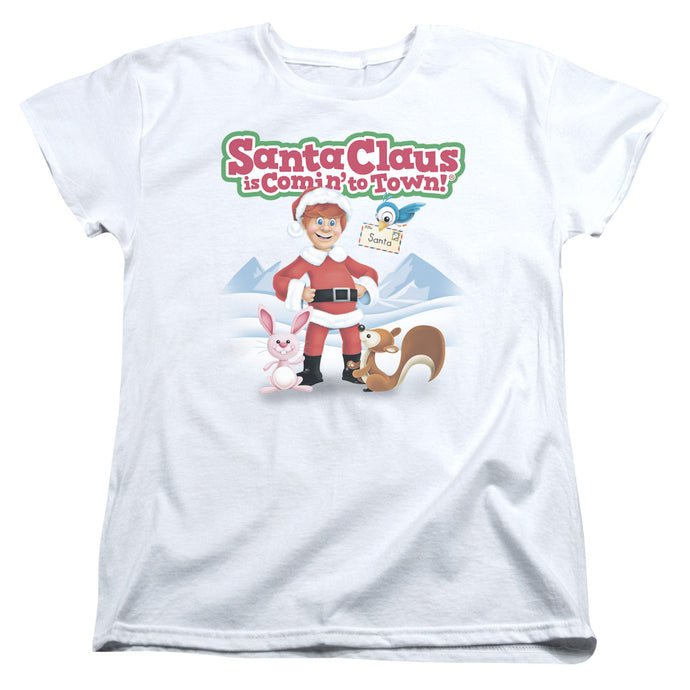 Santa Claus is Comin to Town Animal Friends Womens T Shirt White