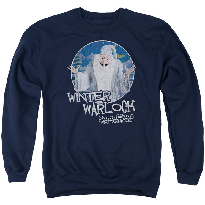 Santa Claus is Comin to Town Winter Warlock Mens Crewneck Sweatshirt Navy Blue Blue