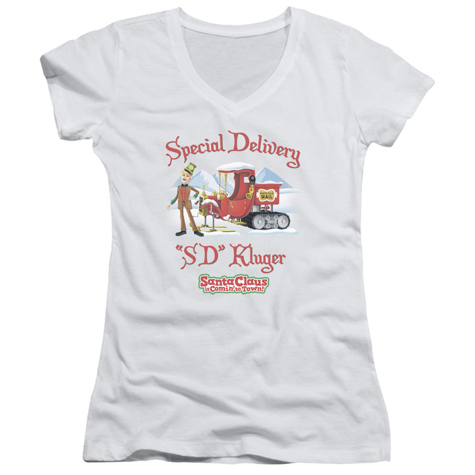 Santa Claus is Comin to Town Kluger Junior Sheer Cap Sleeve V-Neck Womens T Shirt White