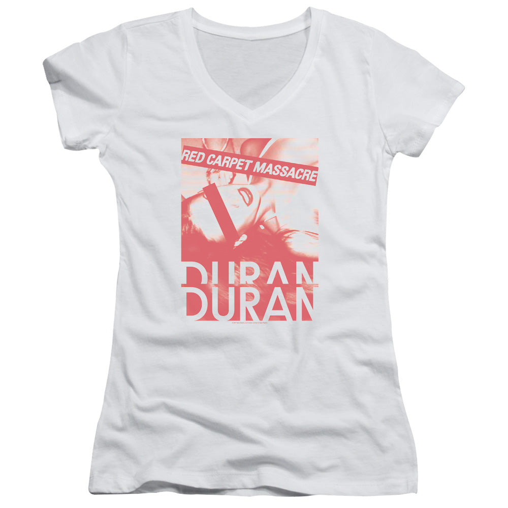 Duran Duran Red Carpet Massacre Junior Sheer Cap Sleeve V-Neck Womens T Shirt White