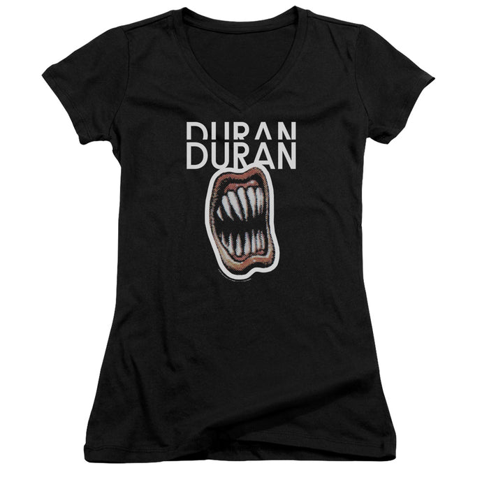 Duran Duran Pressure Off Junior Sheer Cap Sleeve V-Neck Womens T Shirt Black