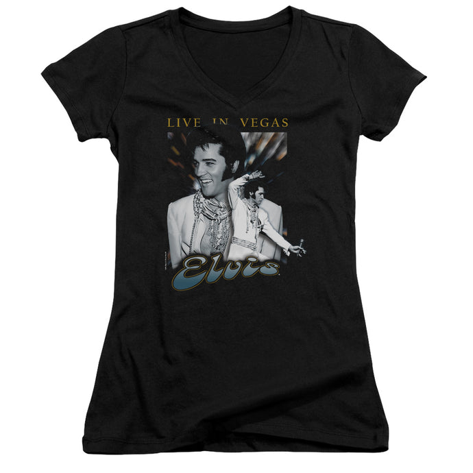 Elvis Presley Live in Vegas Junior Sheer Cap Sleeve V-Neck Womens T Shirt Black
