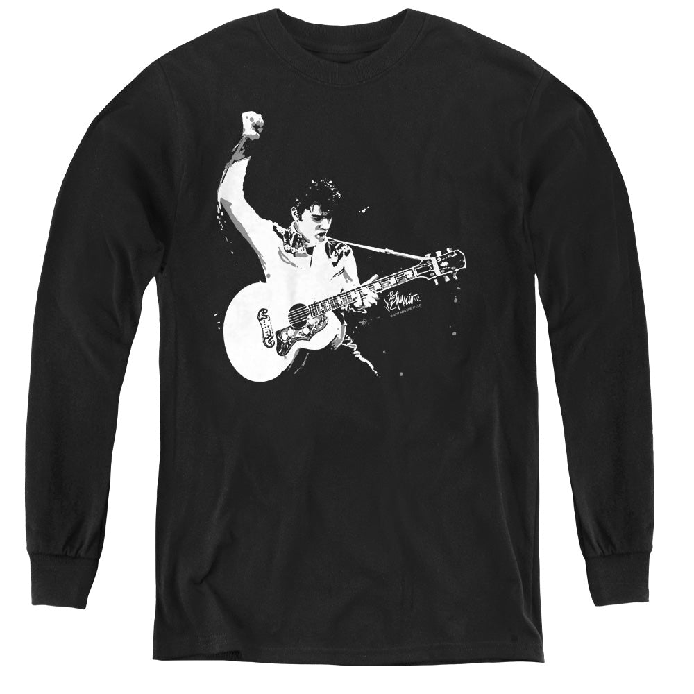 Elvis Presley Black and White Guitarman Long Sleeve Kids Youth T Shirt Black