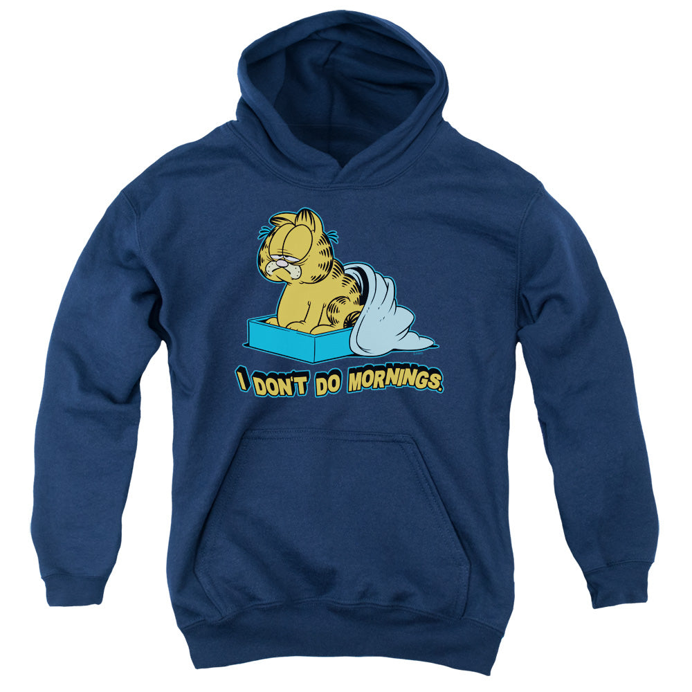 Garfield I Dont Do Mornings Kids Youth Hoodie Navy