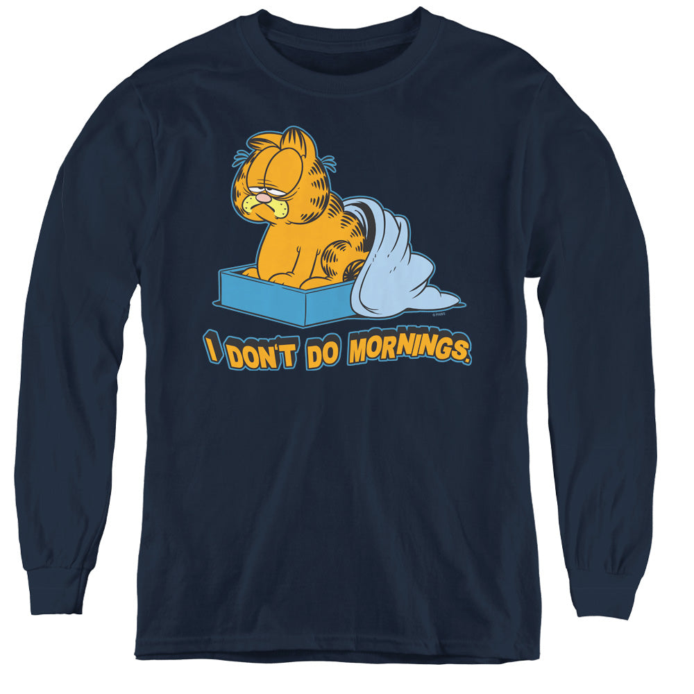 Garfield I Dont Do Mornings Long Sleeve Kids Youth T Shirt Navy