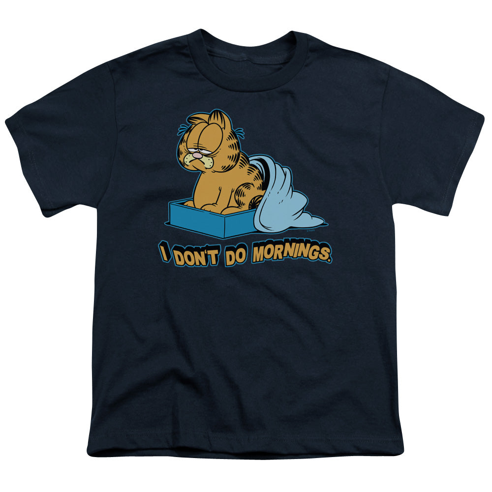 Garfield I Dont Do Mornings Kids Youth T Shirt Navy