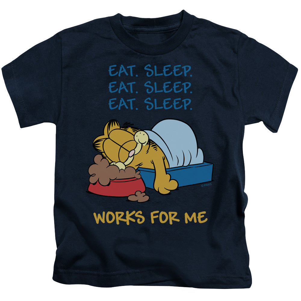 Garfield Works for Me Juvenile Kids Youth T Shirt Navy